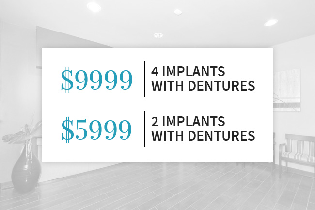 Image of new offer $9999 for 4 implants with denture and $5999 for 2 implants with denture