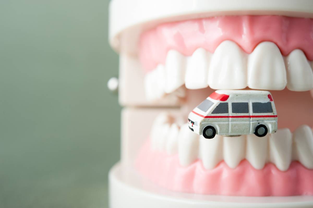 The image shows a set of model teeth biting on a toy ambulance. The purpose is to show the urgency when there are signs you need emergency dental care.